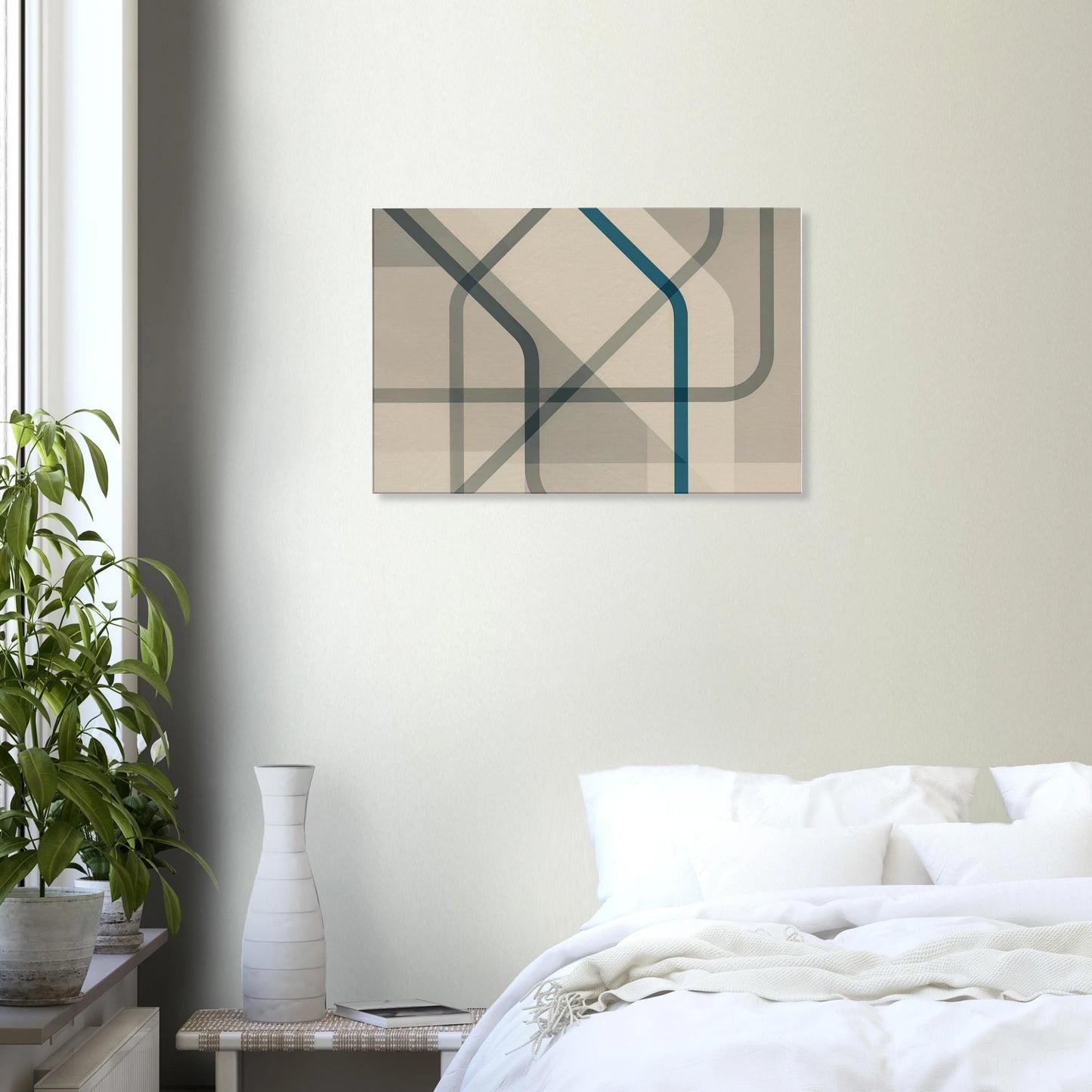 Contemporary abstract canvas wall art with overlapping blue and grey geometric lines on a beige background, minimalist modern design.