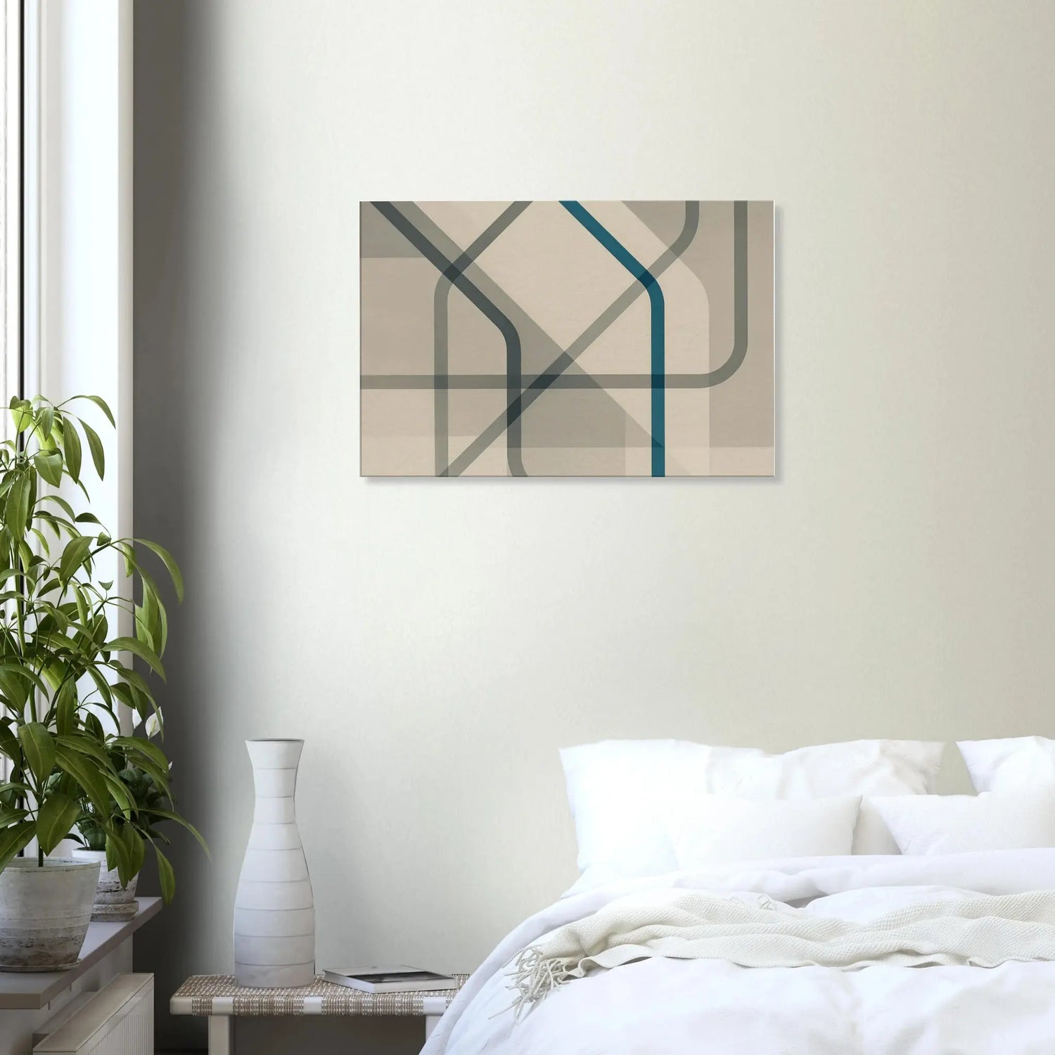 Contemporary abstract canvas wall art with overlapping blue and grey geometric lines on a beige background, minimalist modern design.