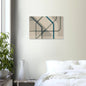 Contemporary abstract canvas wall art with overlapping blue and grey geometric lines on a beige background, minimalist modern design.