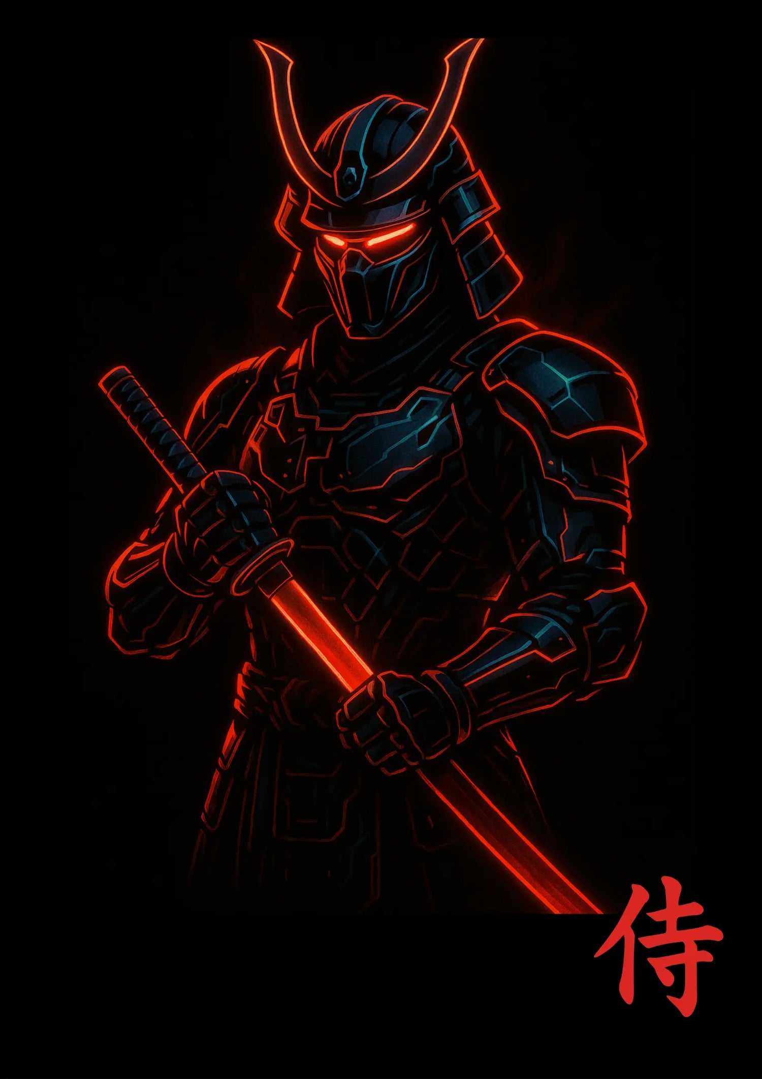 Cyberpunk samurai with glowing red katana and futuristic armor poster