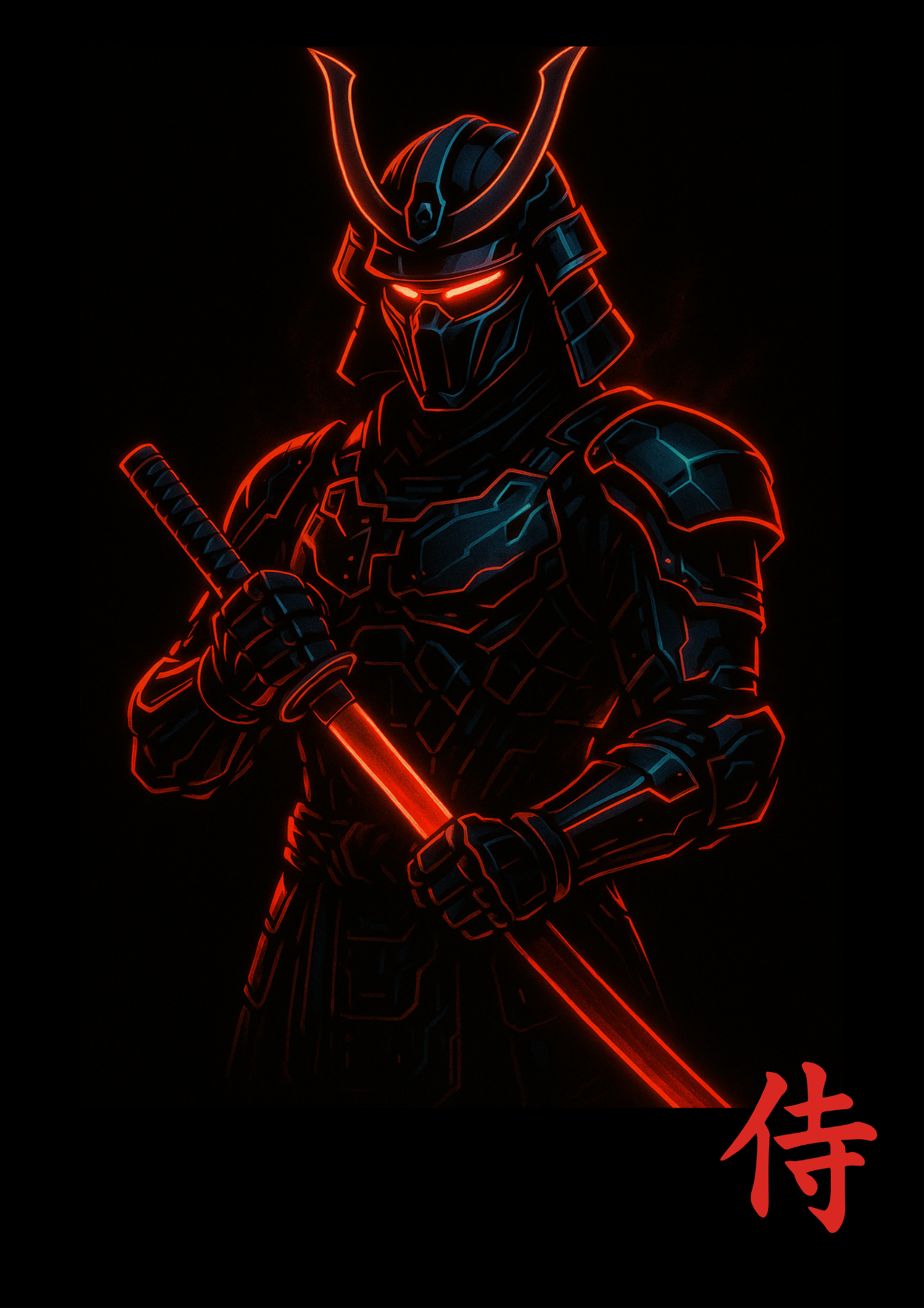 Cyberpunk samurai with glowing red katana and futuristic armor poster