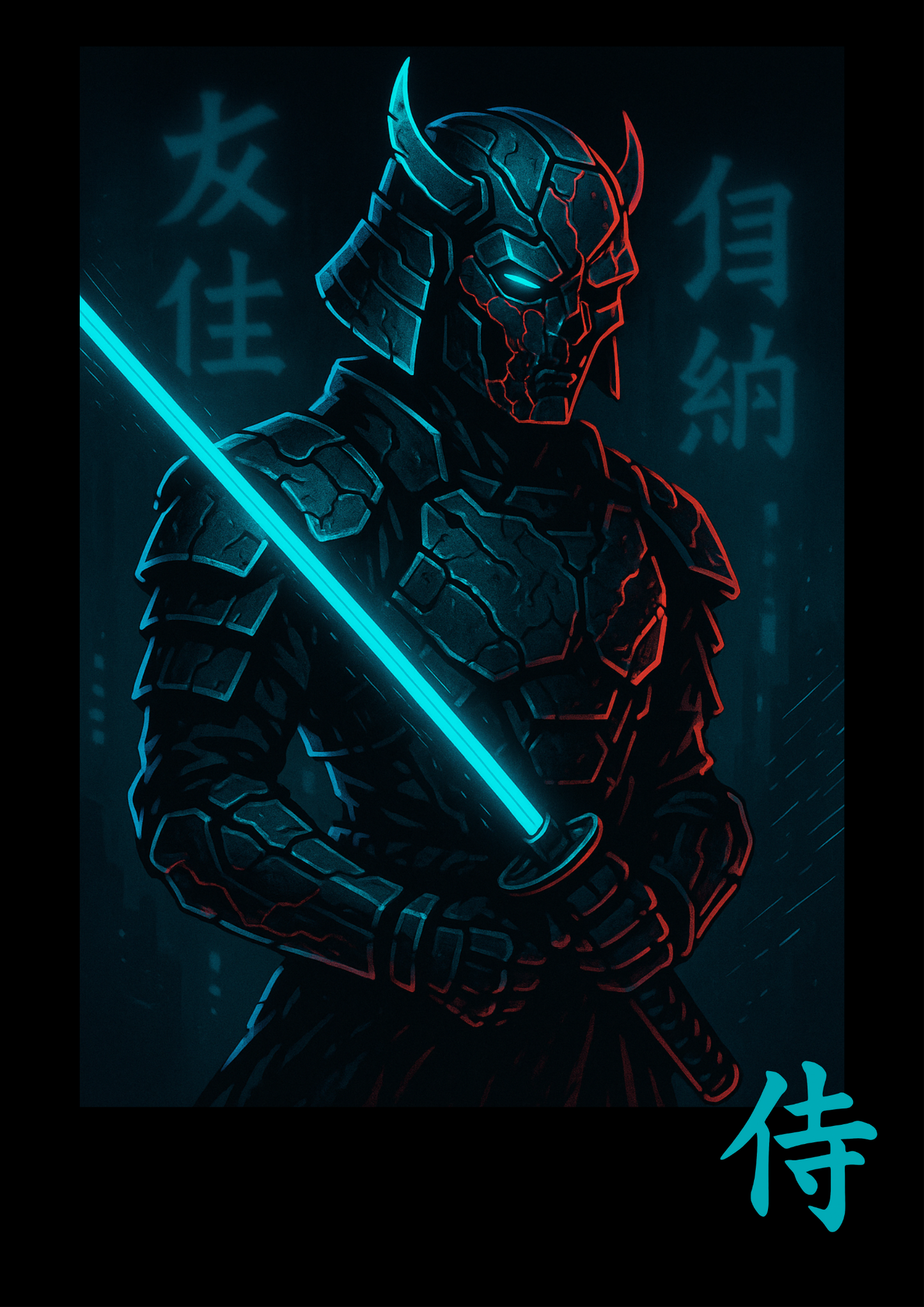 Cyberpunk samurai with glowing blue katana and futuristic armor poster