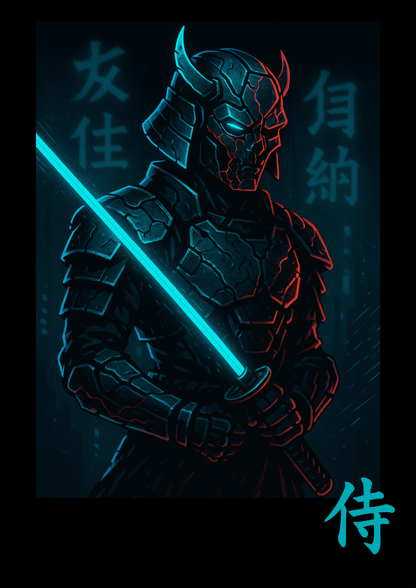 Cyberpunk samurai with glowing blue katana and futuristic armor poster
