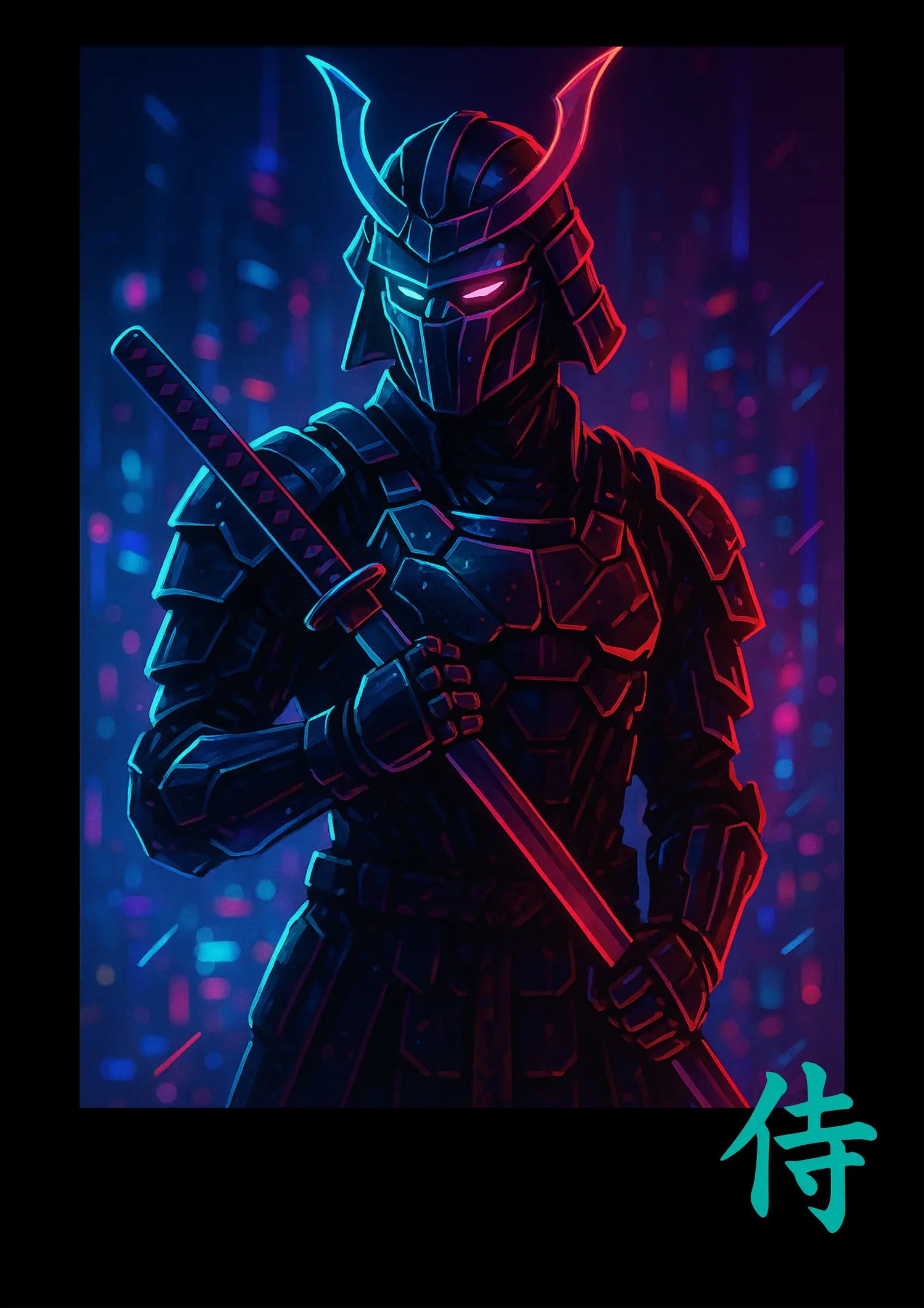 Cyberpunk samurai in neon city with glowing katana poster