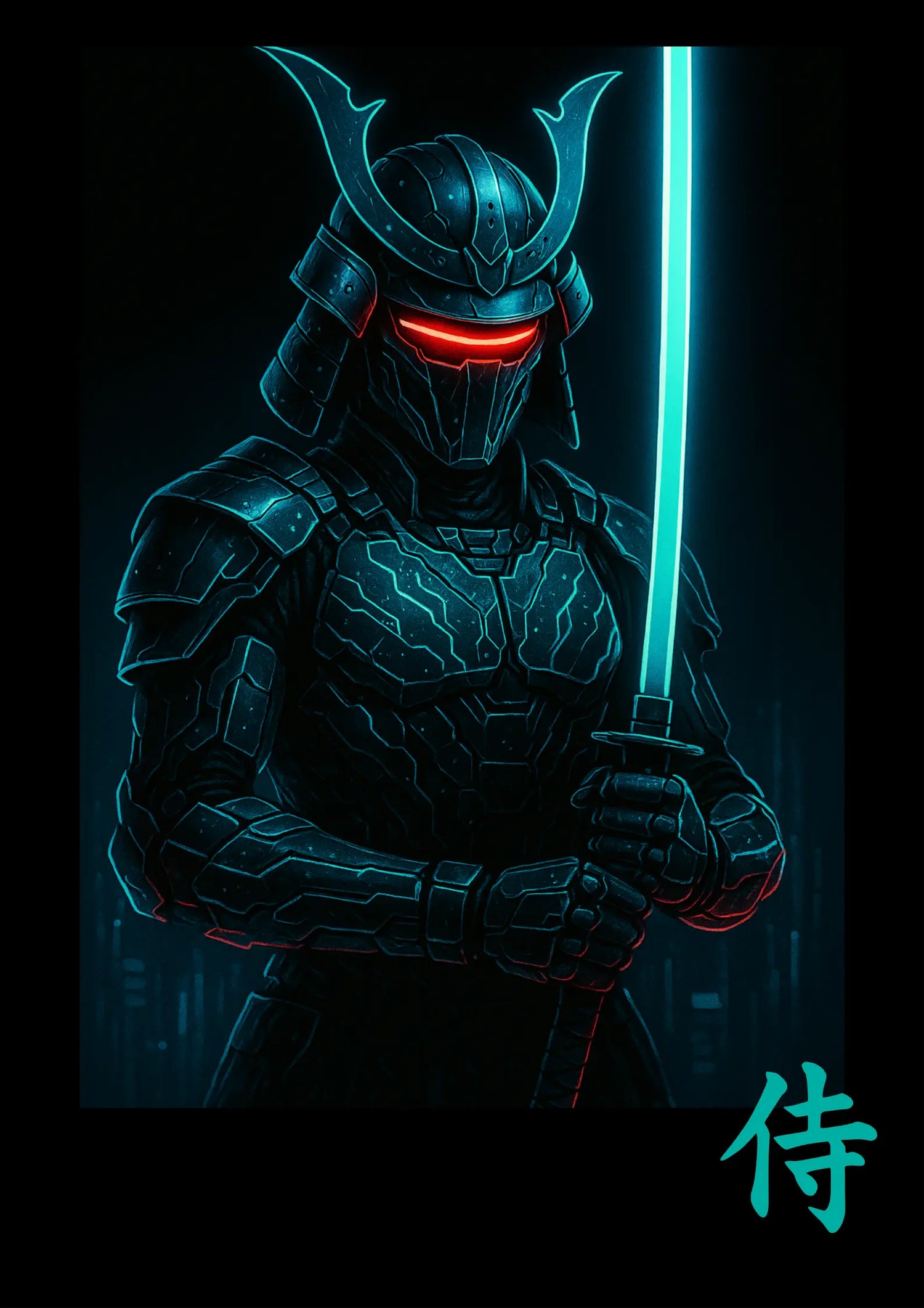 Cyberpunk samurai with glowing neon katana and red visor armor poster