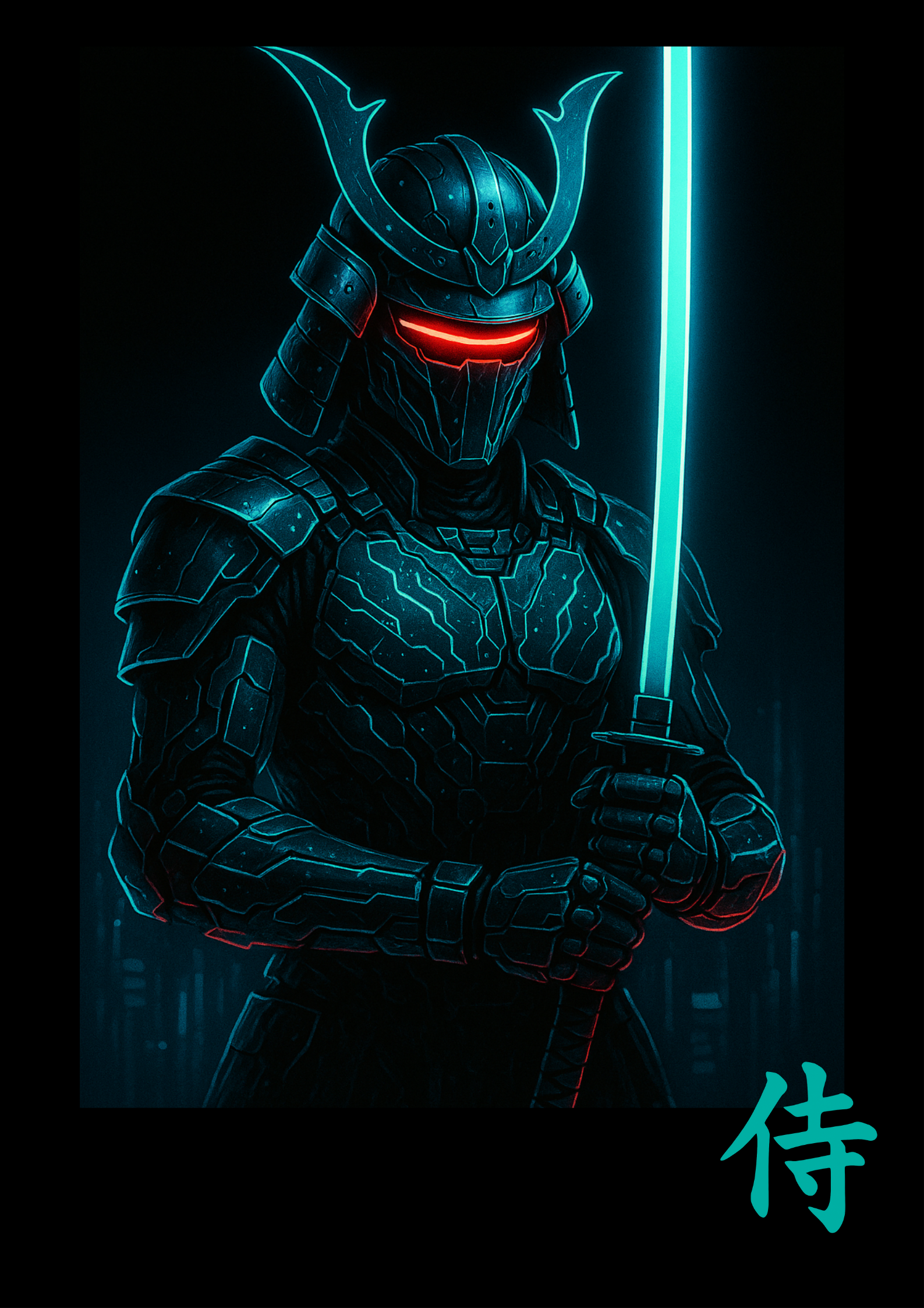 Cyberpunk samurai with glowing neon katana and red visor armor poster