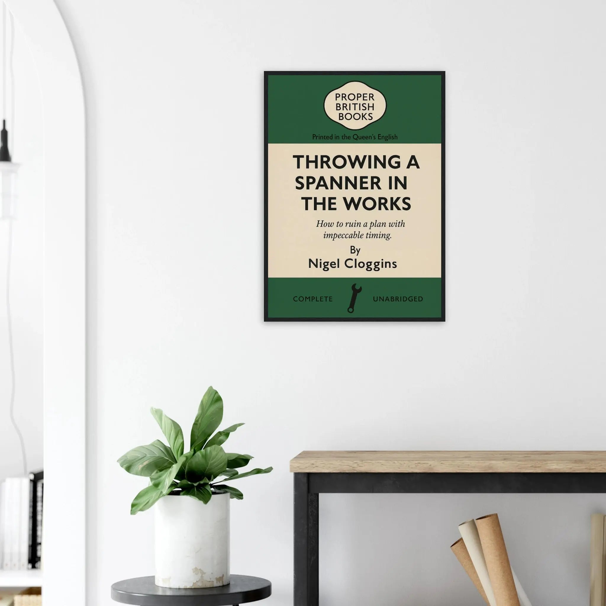 Throwing a Spanner in the Works – British Penguin Book Parody Framed Print - Randello