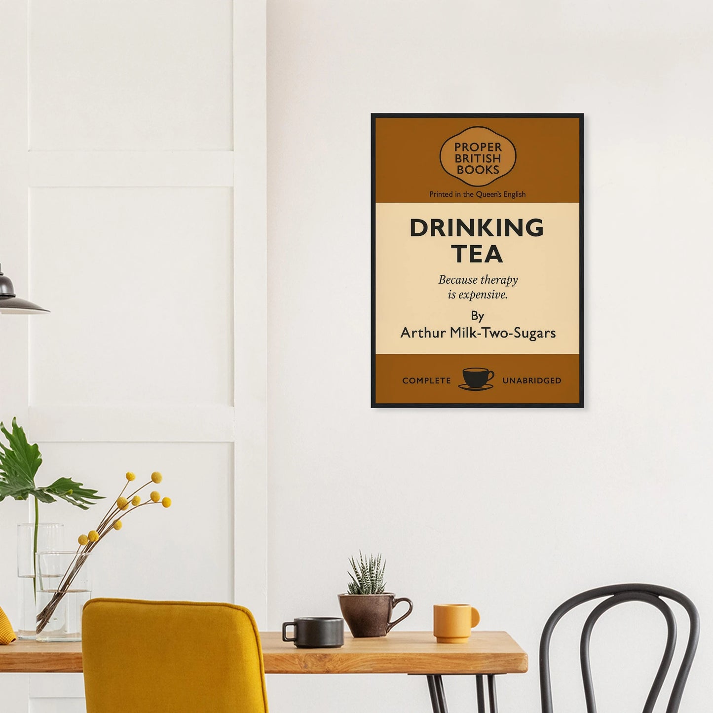 Vintage British parody framed print reading “Drinking Tea – Because Therapy Is Expensive” in retro book-cover style, by Randello.