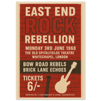 East End Rock Rebellion 1968 vintage poster print – London rock music wall art with brick wall background and retro guitar design