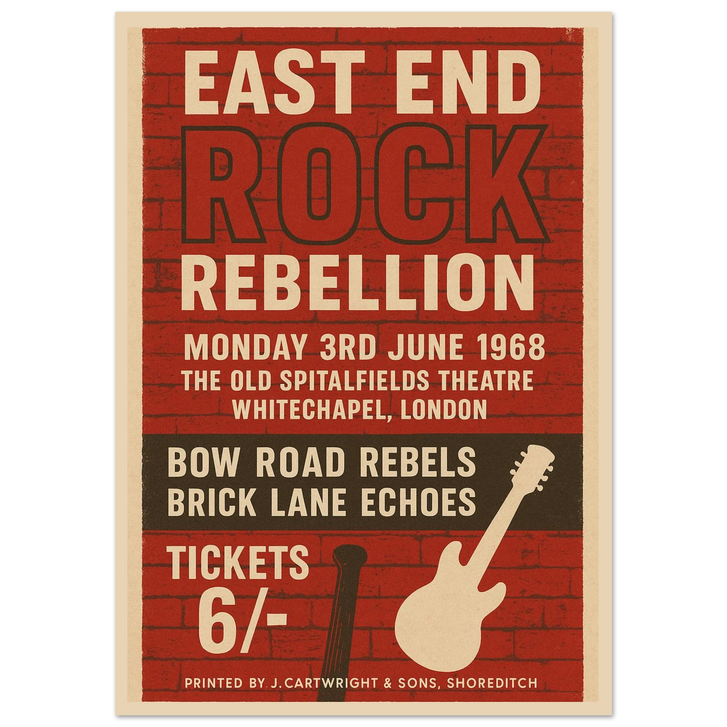 East End Rock Rebellion 1968 vintage poster print – London rock music wall art with brick wall background and retro guitar design