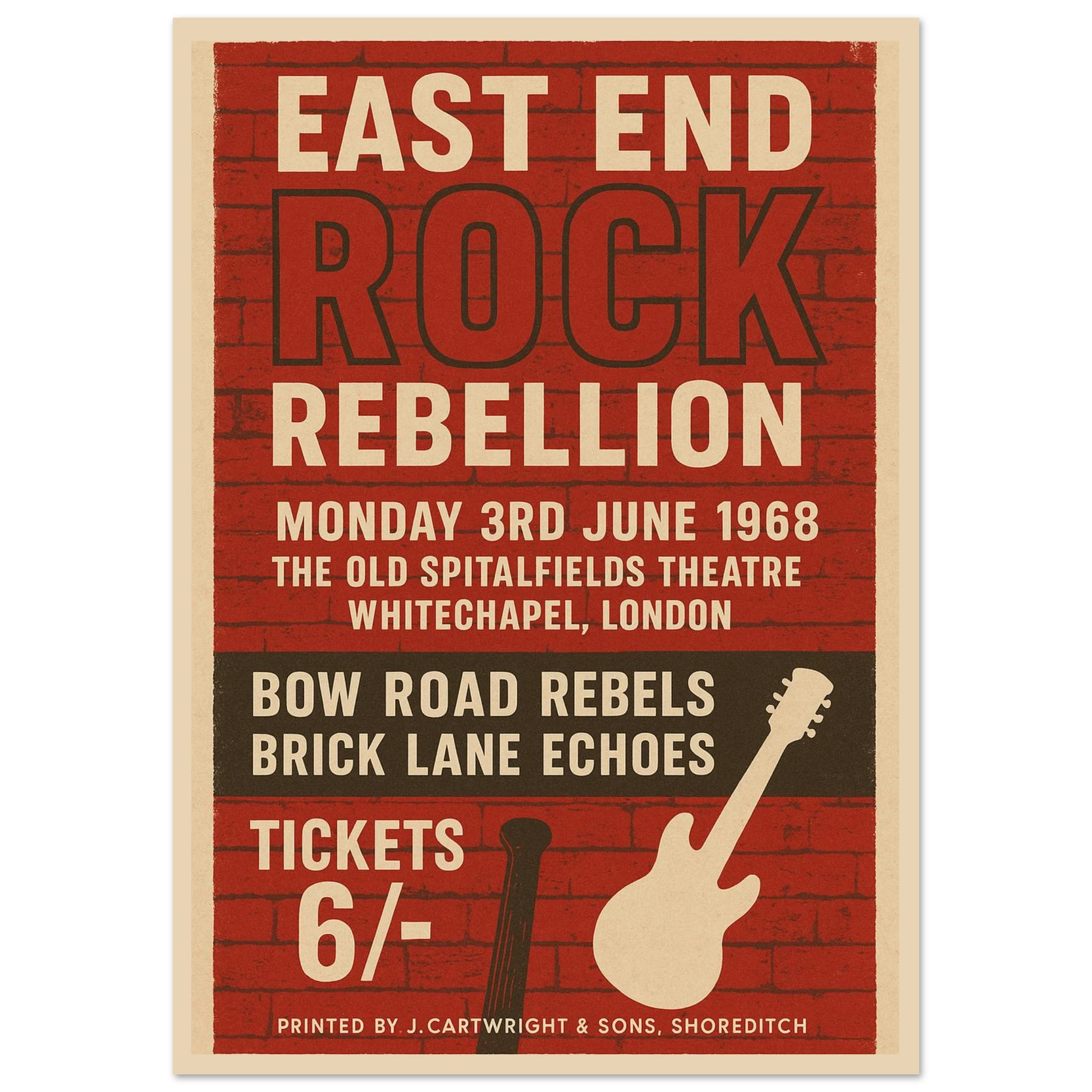 East End Rock Rebellion 1968 vintage poster print – London rock music wall art with brick wall background and retro guitar design