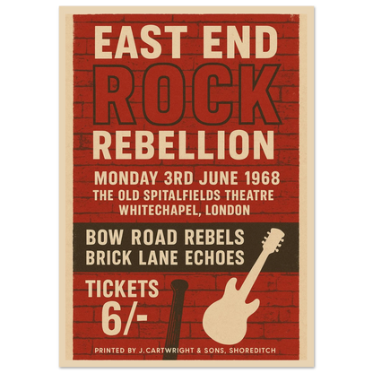 East End Rock Rebellion 1968 vintage poster print – London rock music wall art with brick wall background and retro guitar design