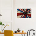 Union Jack canvas with abstract black splatter and shard design in red, blue, cream