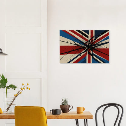 Union Jack canvas with abstract black splatter and shard design in red, blue, cream