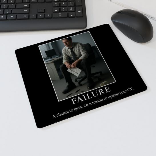 Mouse mat with the text “FAILURE – A chance to grow. Or a reason to update your CV” showing a dejected man holding a resignation letter — humorous office desk accessory.
