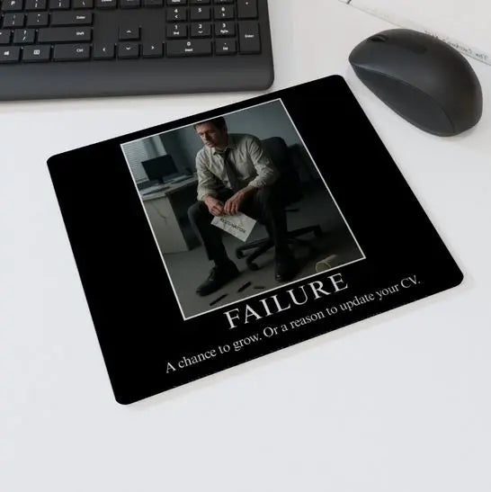 Mouse mat with the text “FAILURE – A chance to grow. Or a reason to update your CV” showing a dejected man holding a resignation letter — humorous office desk accessory.