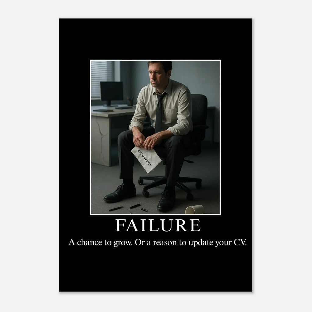 Failure parody demotivational poster with man holding resignation letter in office, funny wall art matte print.