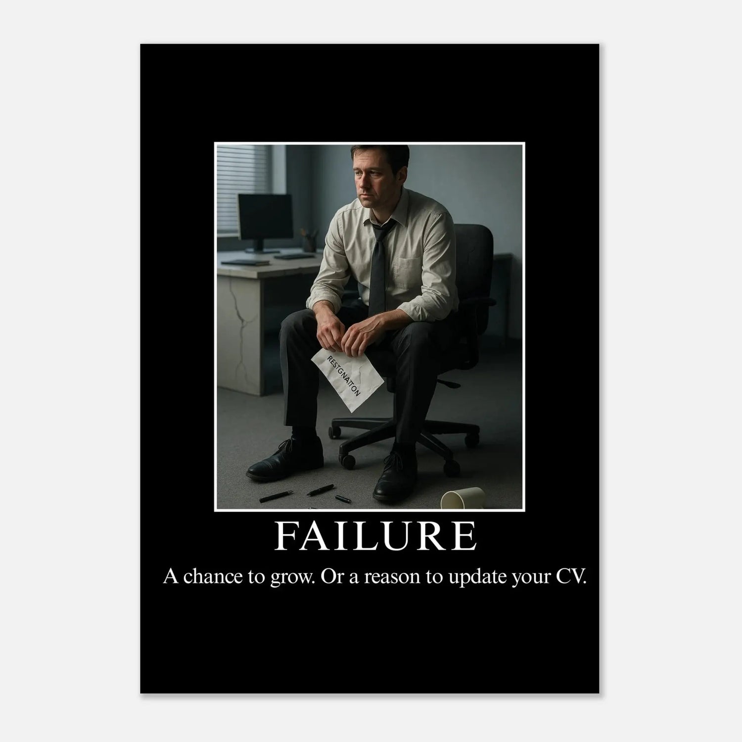 Failure parody demotivational poster with man holding resignation letter in office, funny wall art matte print.