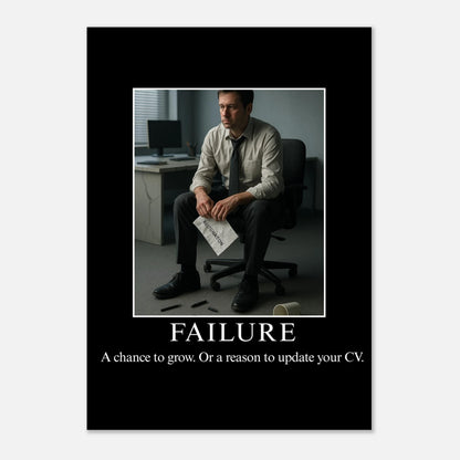 Failure parody demotivational poster with man holding resignation letter in office, funny wall art matte print.