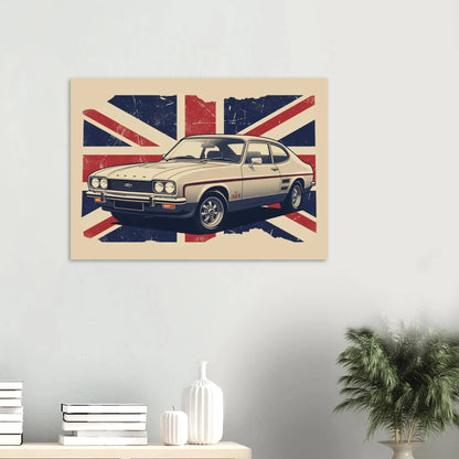 Retro illustrated Ford Capri classic car artwork with a distressed Union Jack background.