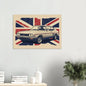 Retro illustrated Ford Capri classic car artwork with a distressed Union Jack background.