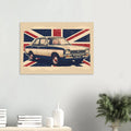 Illustrated retro Ford Cortina art print with a vintage Union Jack background in a classic British style.