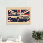 Illustrated retro Ford Cortina art print with a vintage Union Jack background in a classic British style.