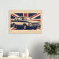 Illustrated retro Ford Cortina art print with a vintage Union Jack background in a classic British style.