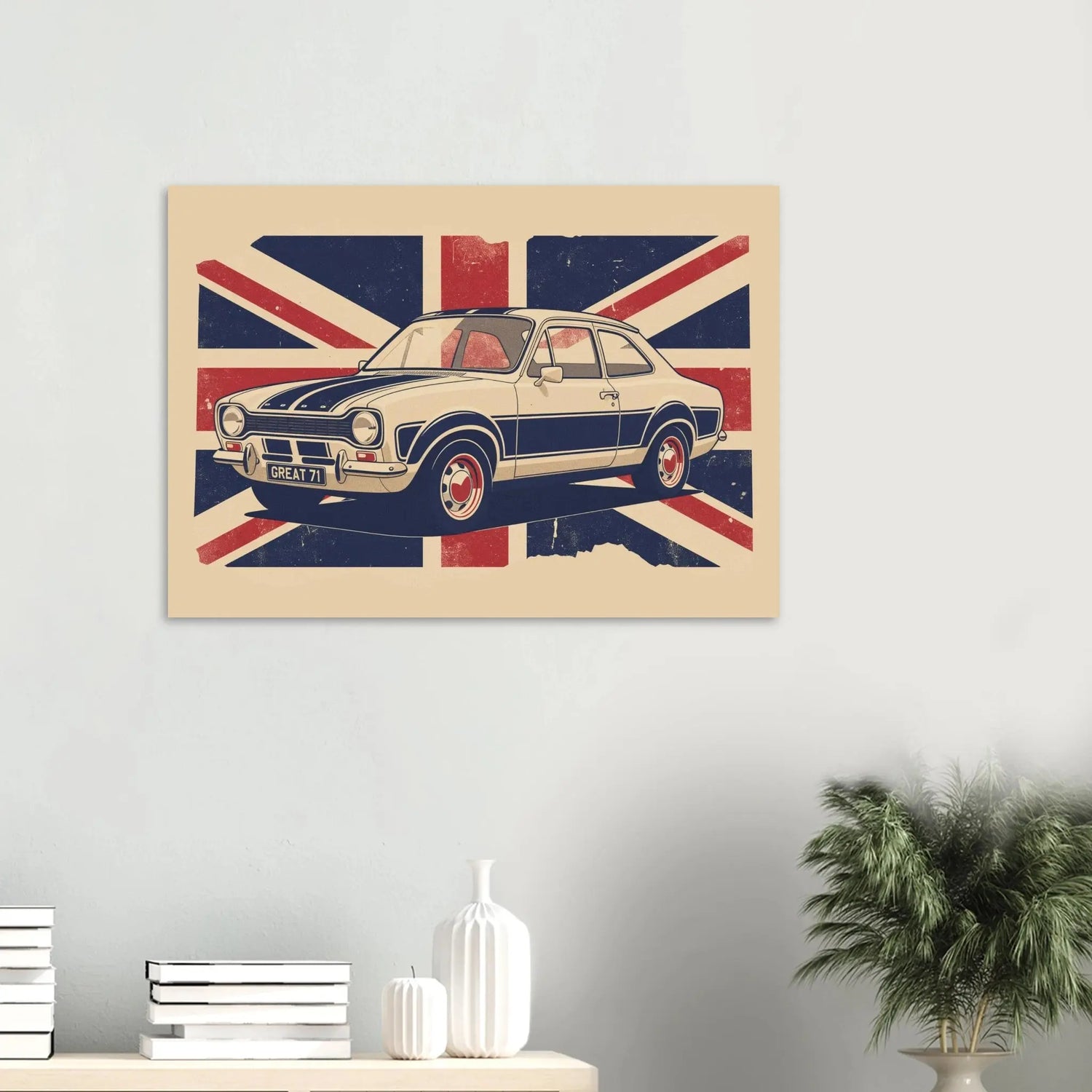 Retro illustrated Ford Escort classic car artwork with distressed Union Jack background.