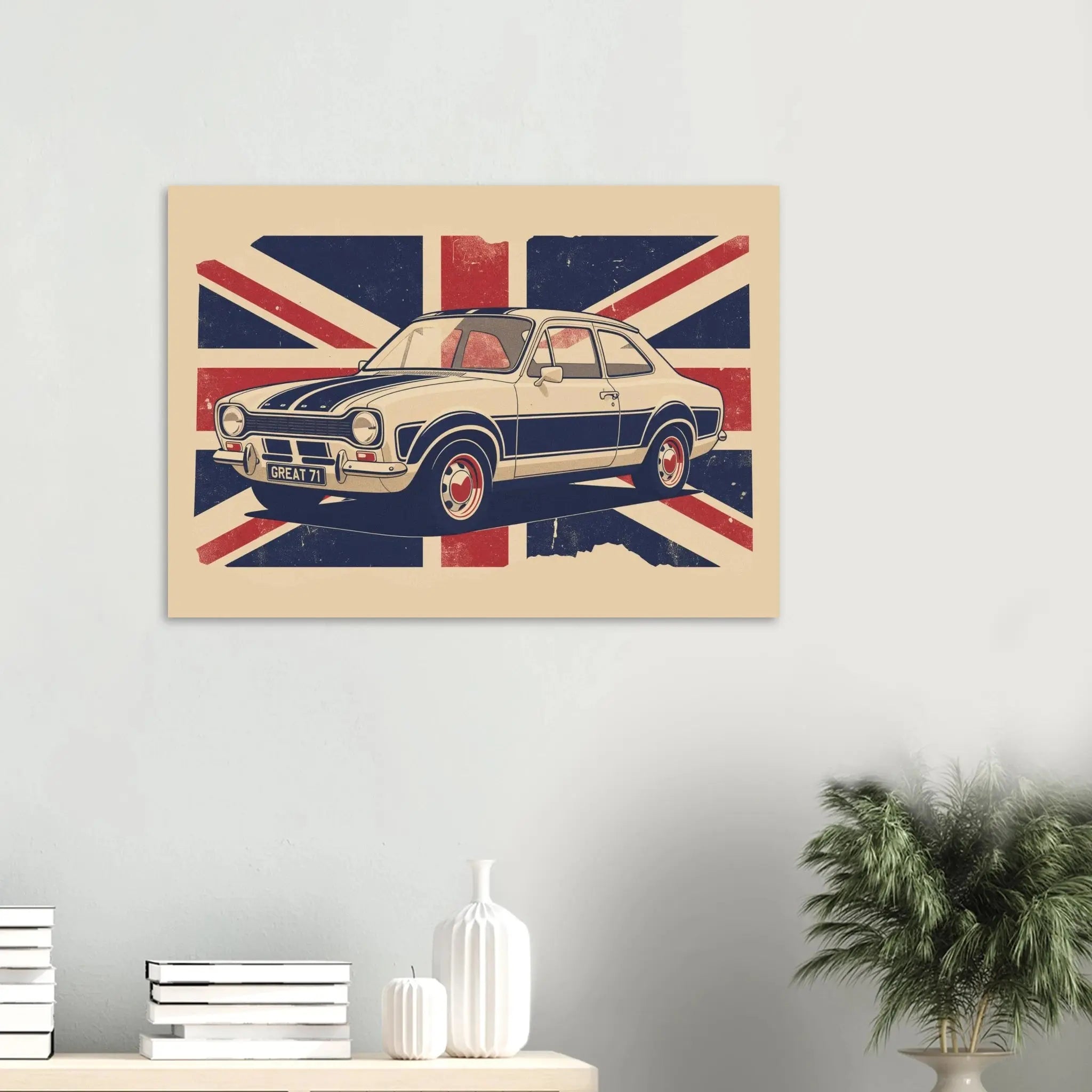 Retro illustrated Ford Escort classic car artwork with distressed Union Jack background.