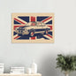 Retro illustrated Ford Escort classic car artwork with distressed Union Jack background.