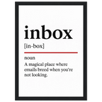 Funny Inbox Definition framed poster – witty office wall art for email lovers, perfect quirky gift for coworkers or home workspace, with wooden frame.