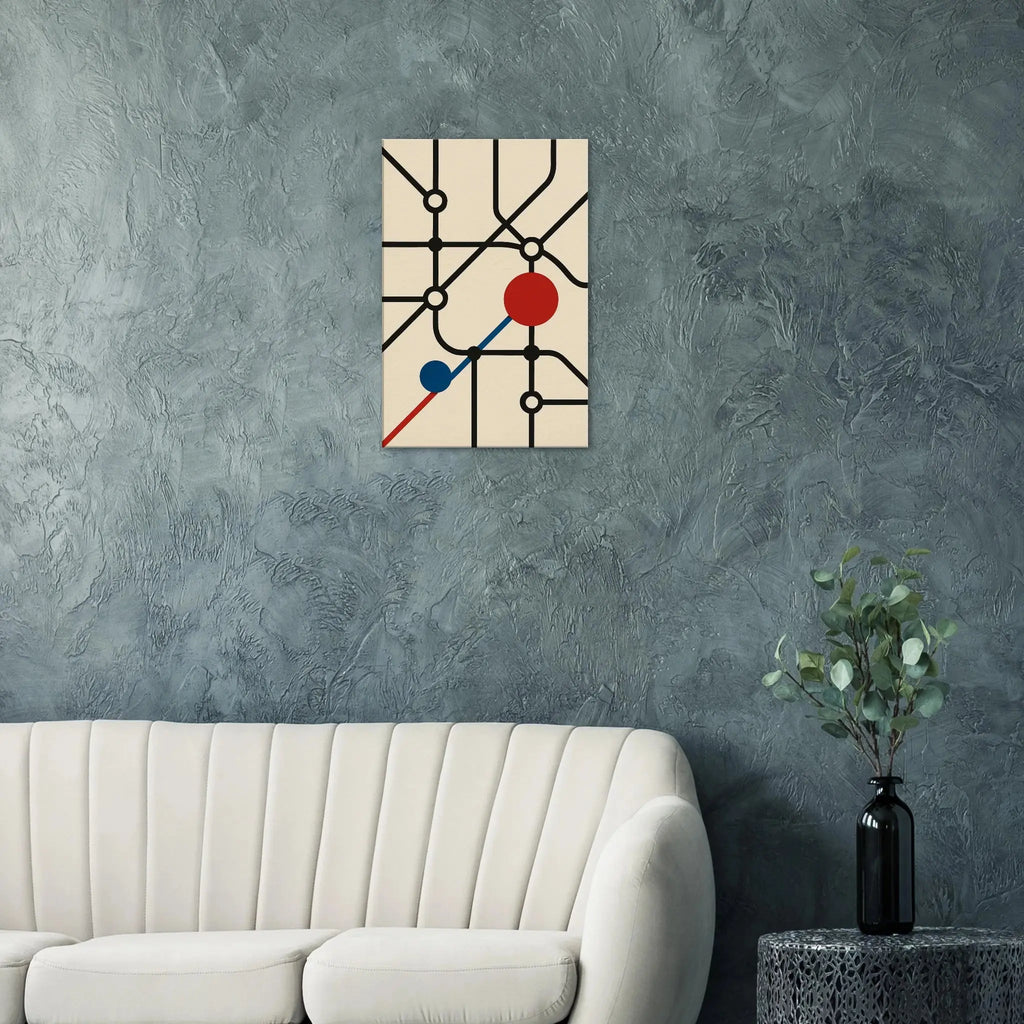 Minimalist abstract canvas wall art inspired by the London Underground, featuring bold black lines with red and blue geometric circles on a beige background.
