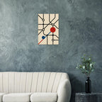 Minimalist abstract canvas wall art inspired by the London Underground, featuring bold black lines with red and blue geometric circles on a beige background.