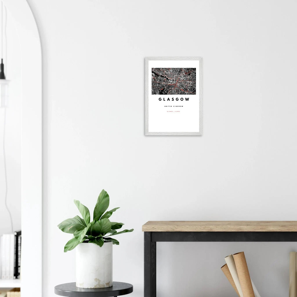 Modern Glasgow city map wall art in black, white & red. Ready-to-hang framed poster with oak/ash frame & semi-gloss finish. Stylish Scottish home decor.
