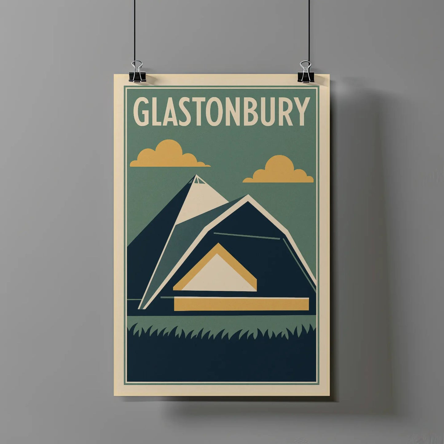 Modernist illustration of Glastonbury festival landscape with geometric hills, tents, clouds, and retro colour palette in green and yellow tones.