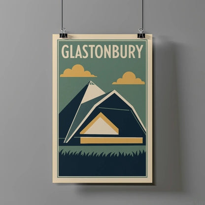 Modernist illustration of Glastonbury festival landscape with geometric hills, tents, clouds, and retro colour palette in green and yellow tones.