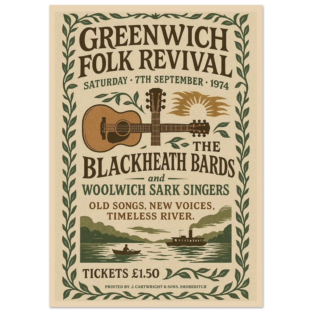 Greenwich Folk Revival 1974 vintage poster print – London folk music wall art with guitar, river, and retro festival design
