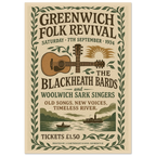 Greenwich Folk Revival 1974 vintage poster print – London folk music wall art with guitar, river, and retro festival design