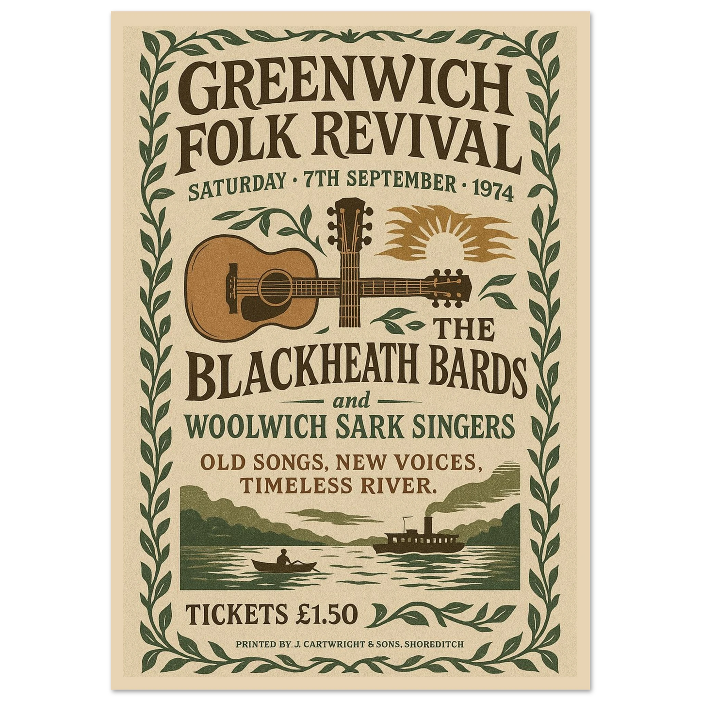 Greenwich Folk Revival 1974 vintage poster print – London folk music wall art with guitar, river, and retro festival design