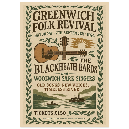 Greenwich Folk Revival 1974 vintage poster print – London folk music wall art with guitar, river, and retro festival design