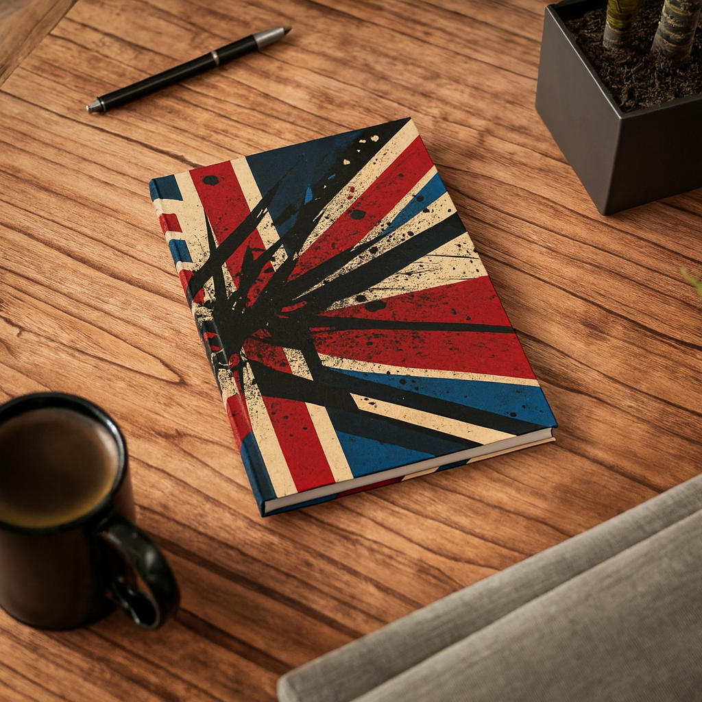 Grunge Union Jack A5 lined journal with distressed red, navy, and cream geometric burst design and black paint splatter – 128 pages, 90gsm paper, vinyl-laminated cover notebook for writing and journaling.