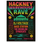 Hackney Warehouse Rave vintage poster print – London rave culture wall art with neon colors, speakers, and smiley faces