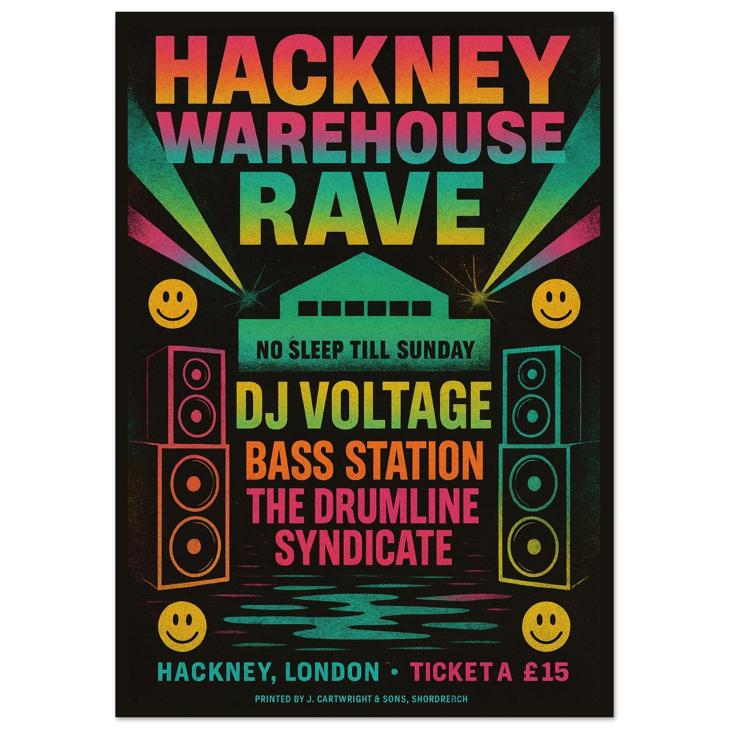 Hackney Warehouse Rave vintage poster print – London rave culture wall art with neon colors, speakers, and smiley faces