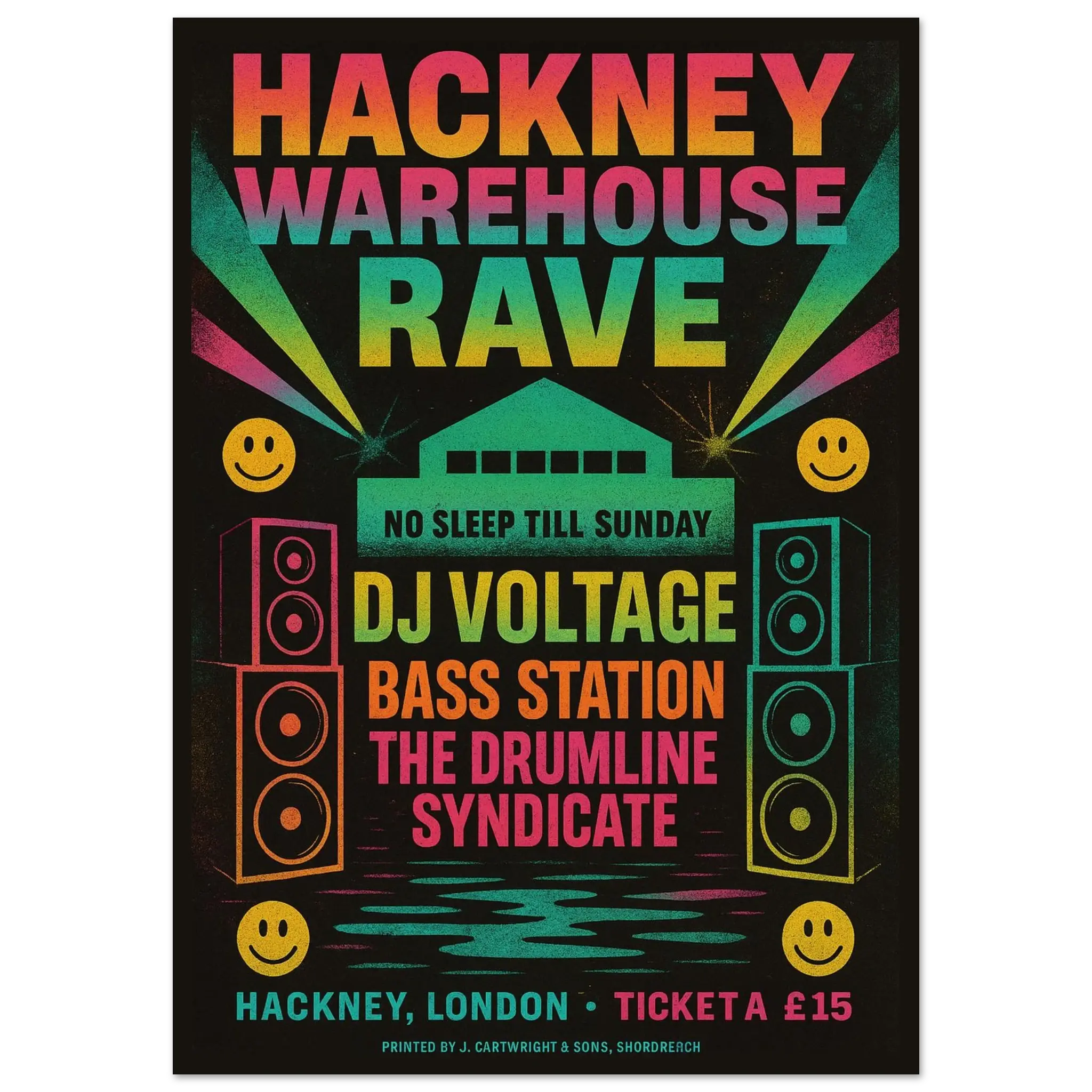 Hackney Warehouse Rave vintage poster print – London rave culture wall art with neon colors, speakers, and smiley faces