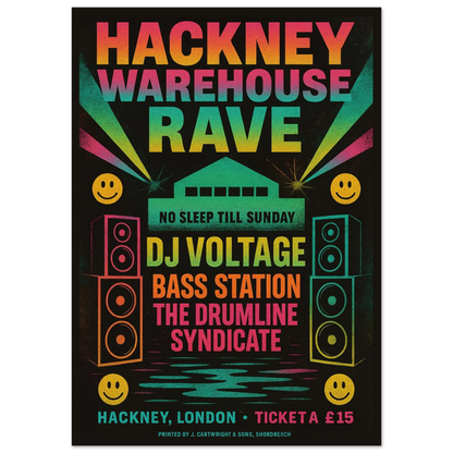 Hackney Warehouse Rave vintage poster print – London rave culture wall art with neon colors, speakers, and smiley faces