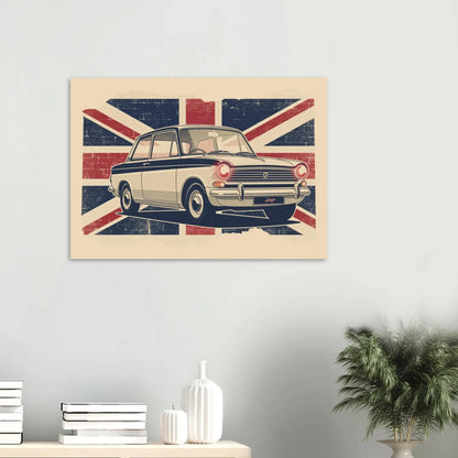 Retro illustrated Hillman Imp classic car artwork with a vintage Union Jack brick-wall background.