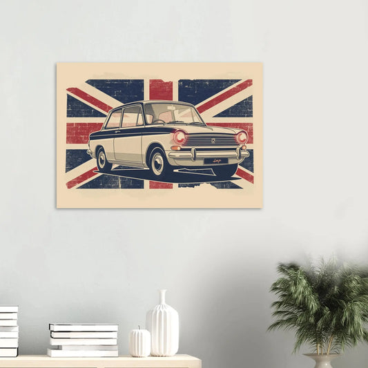 Retro illustrated Hillman Imp classic car artwork with a vintage Union Jack brick-wall background.