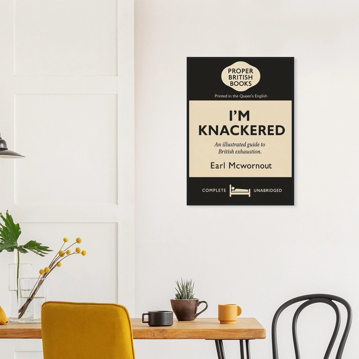 Vintage British parody framed print reading “I’m Knackered – An Illustrated Guide to British Exhaustion” in a retro book-cover style, by Randello.