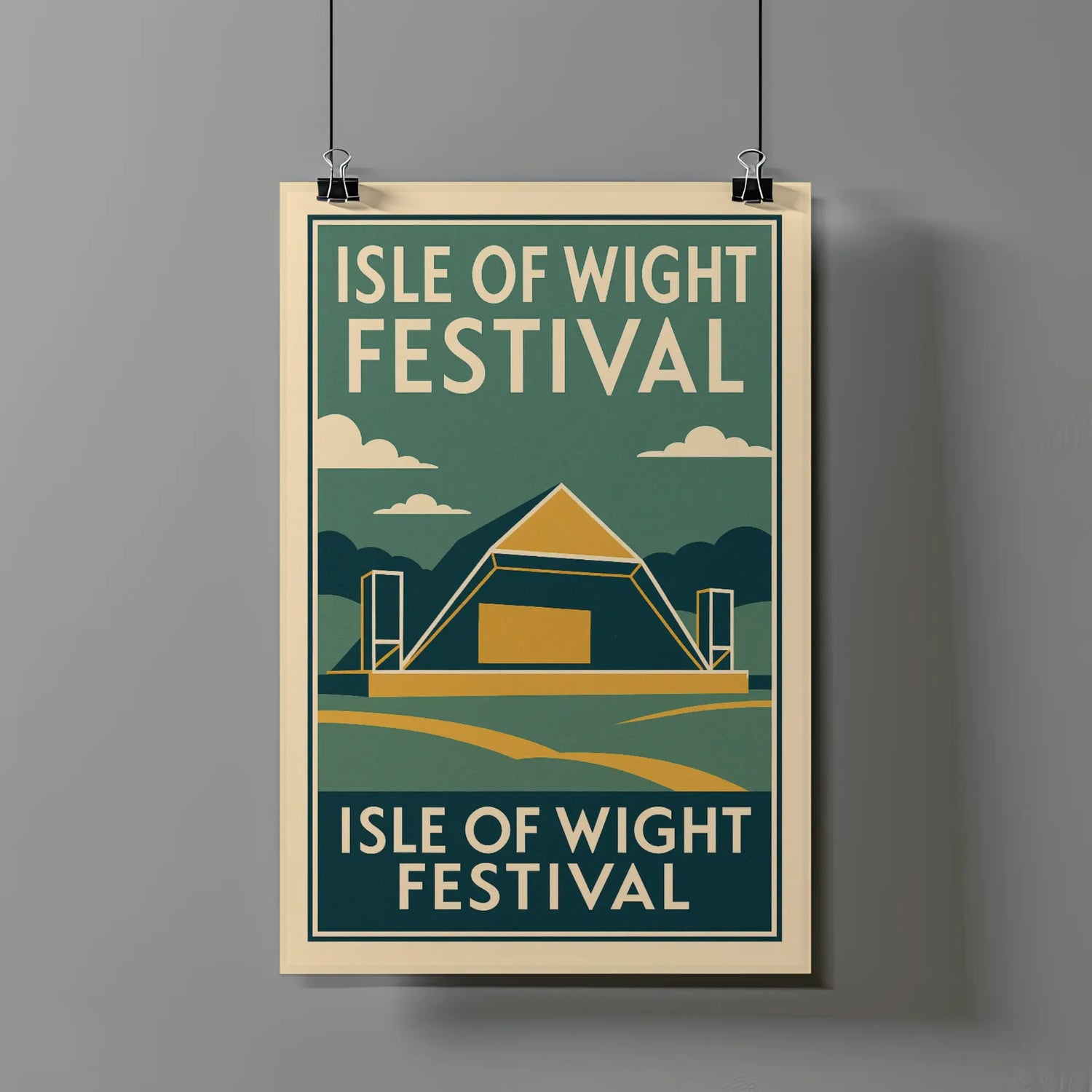 Retro-style illustration of Isle of Wight Festival main stage with coastal landscape, geometric design, and green and yellow tones.